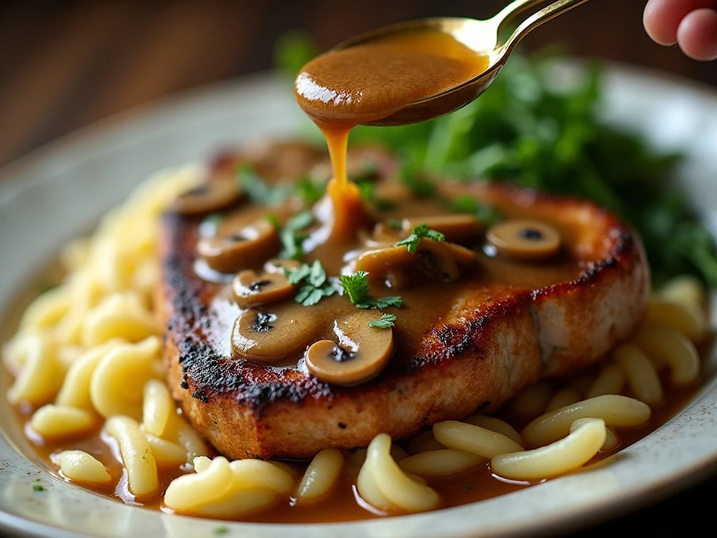 Pork chop gravy spooned over mashed potatoes