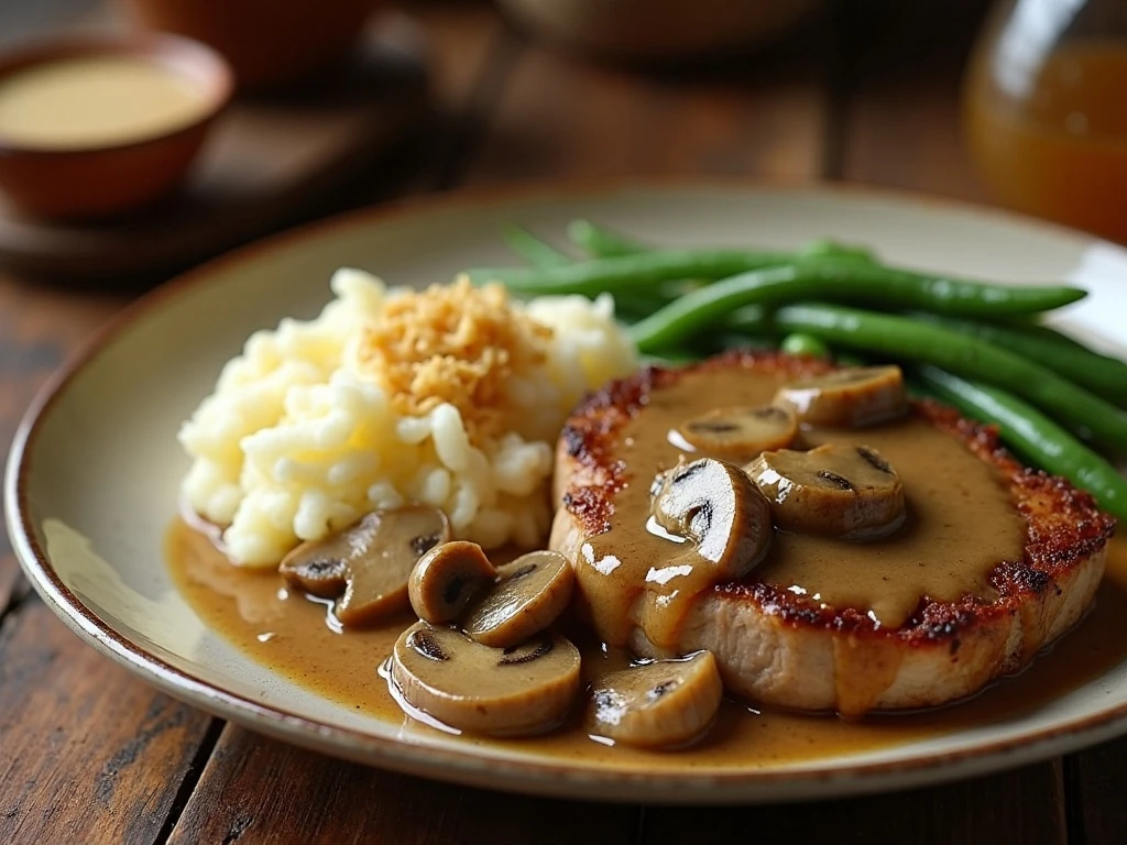 Tender crockpot pork chops with creamy onion gravy and mashed potatoes