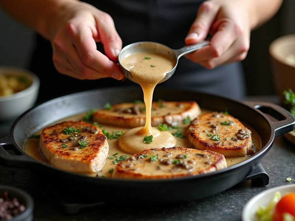 Pork chops being prepared in a slow cooker with creamy sauce