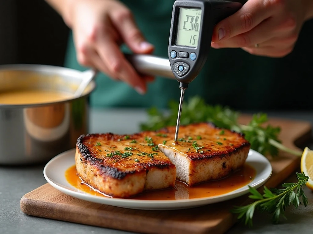 Checking the temperature of crockpot pork chops with a thermometer