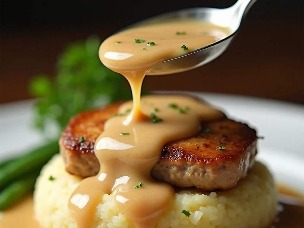 Crockpot pork chop gravy served over mashed potatoes