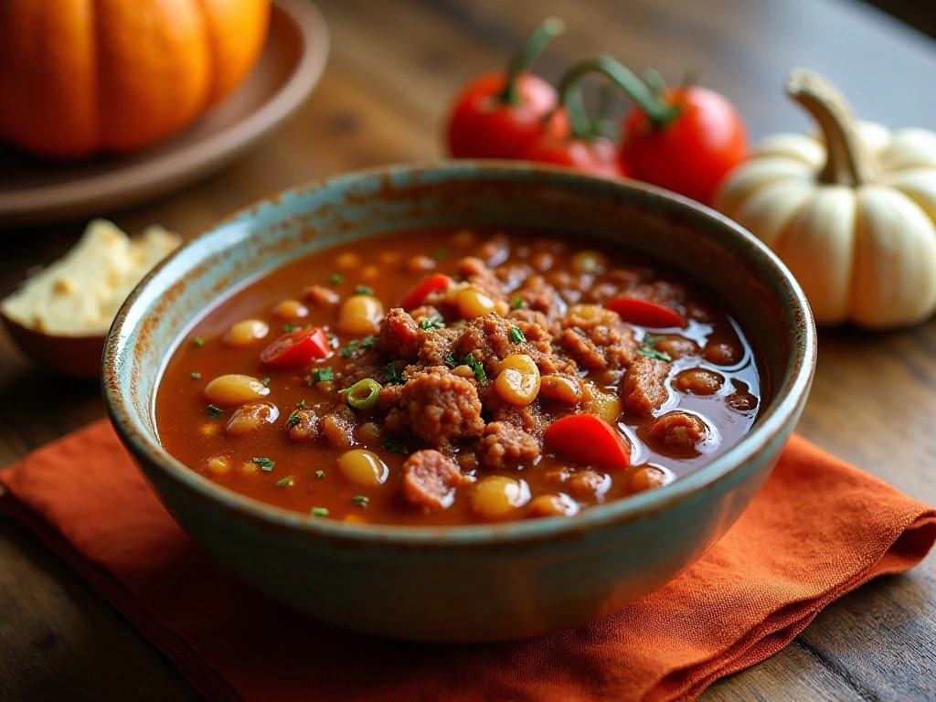 Cozy crockpot pumpkin chili served in a bowl