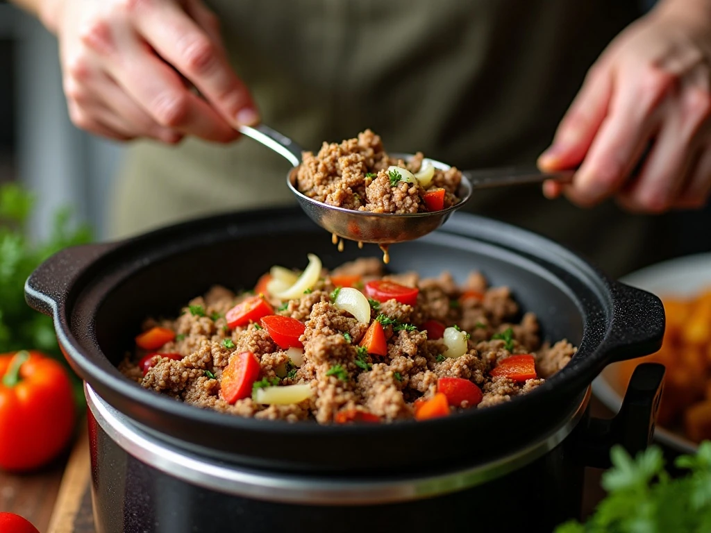Browning meat and vegetables for pumpkin chili