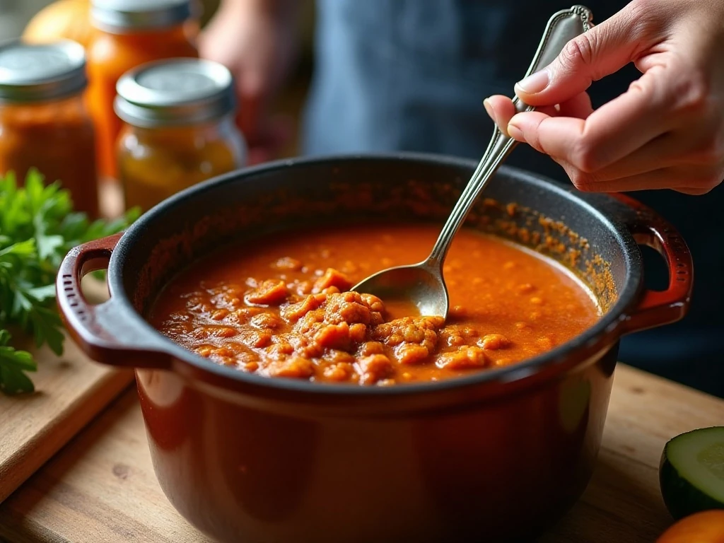 Stirring pumpkin chili in a slow cooker