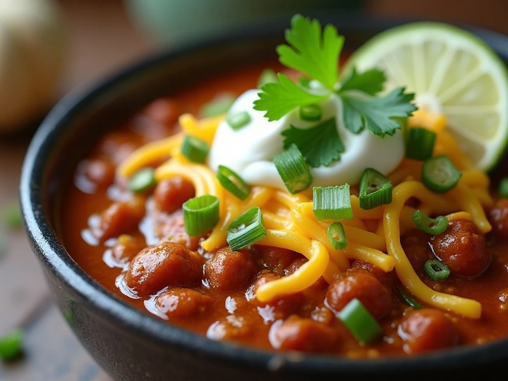 Pumpkin chili with cheese, herbs, avocado, and pumpkin seeds