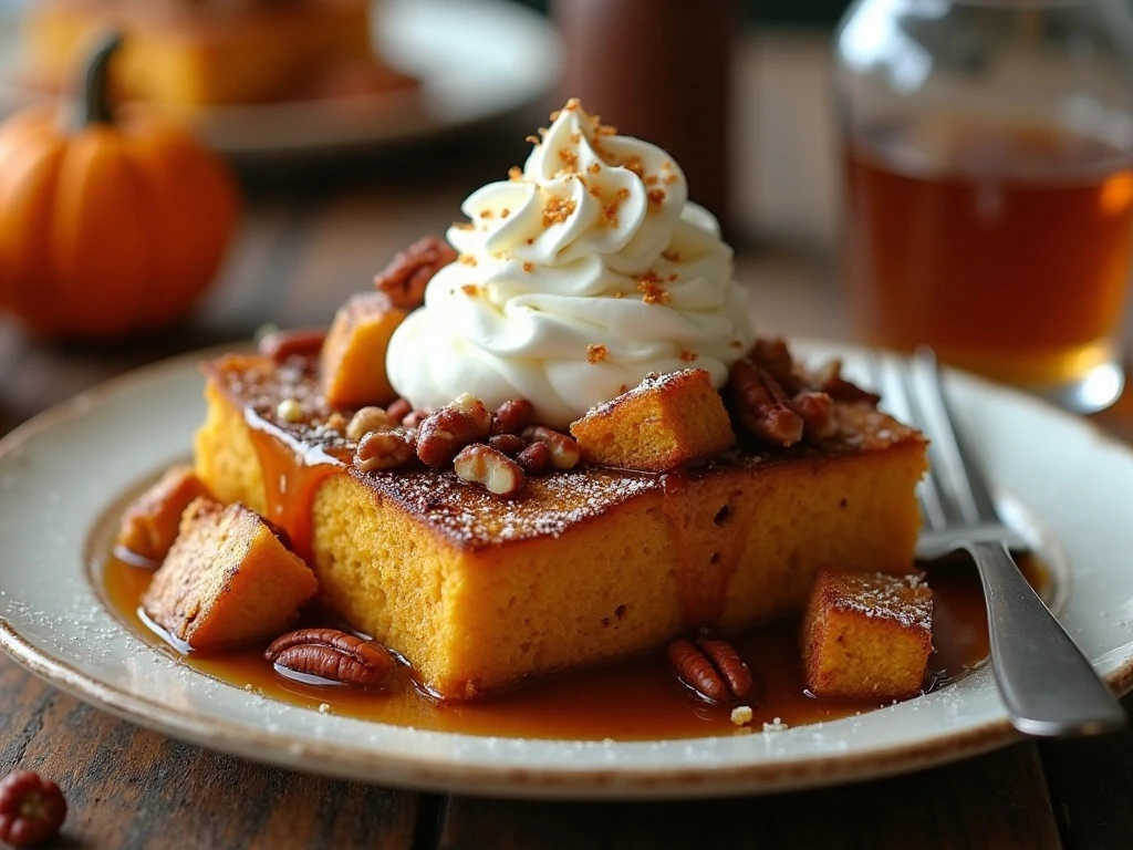 Crockpot pumpkin maple French toast casserole ready for a cozy brunch