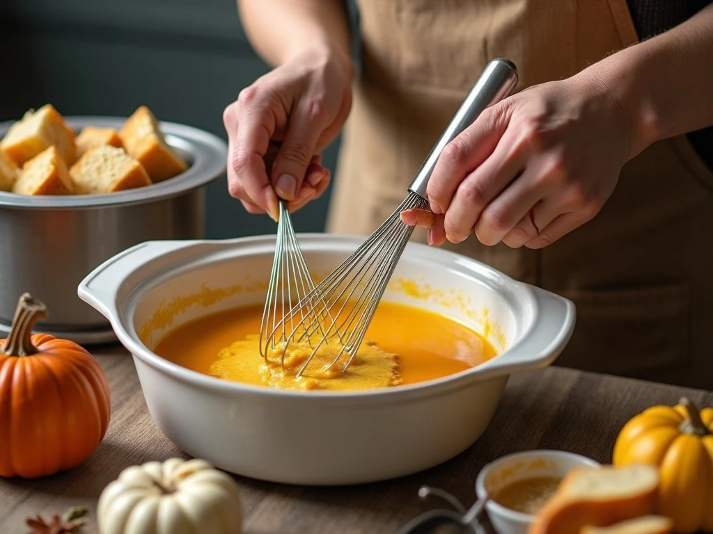 Whisking pumpkin custard for crockpot French toast