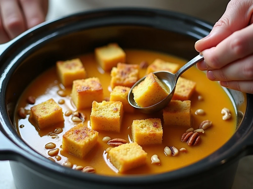 Day-old bread absorbing pumpkin custard in a slow cooker