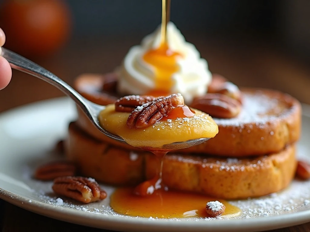 French toast casserole topped with maple syrup whipped cream and pecans