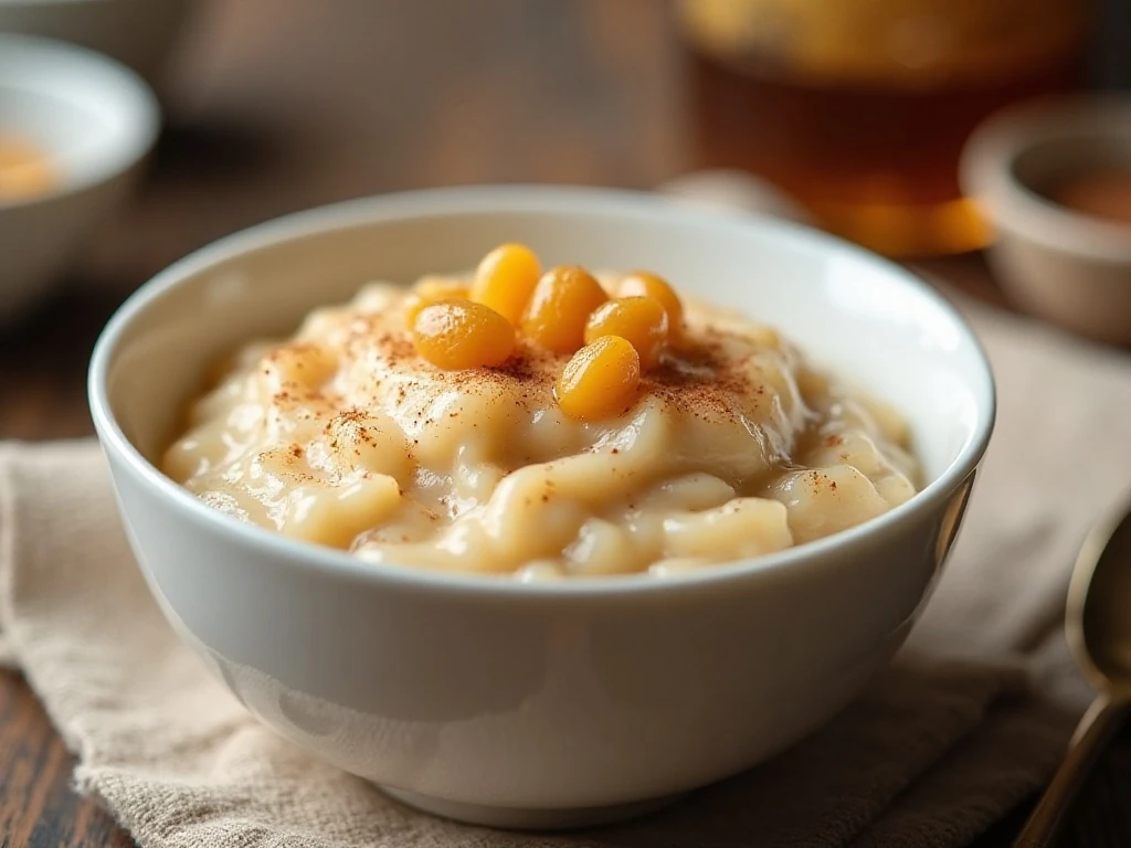 Creamy crockpot rice pudding served with cinnamon and raisins