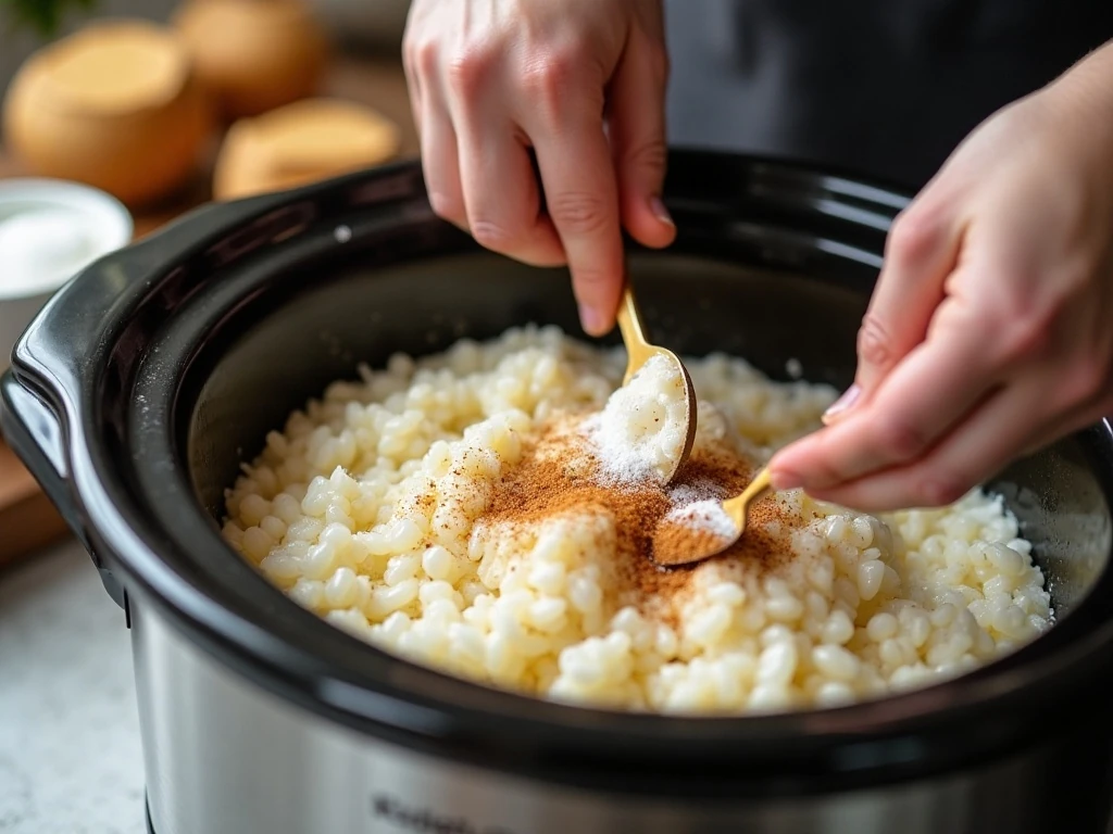 Ingredients being stirred in a crockpot for rice pudding