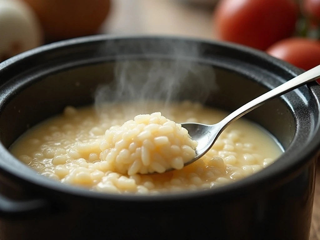 Creamy rice pudding cooking in a slow cooker