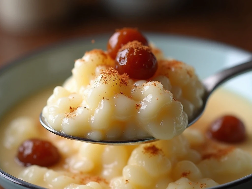 Close-up spoonful of cinnamon rice pudding with raisins