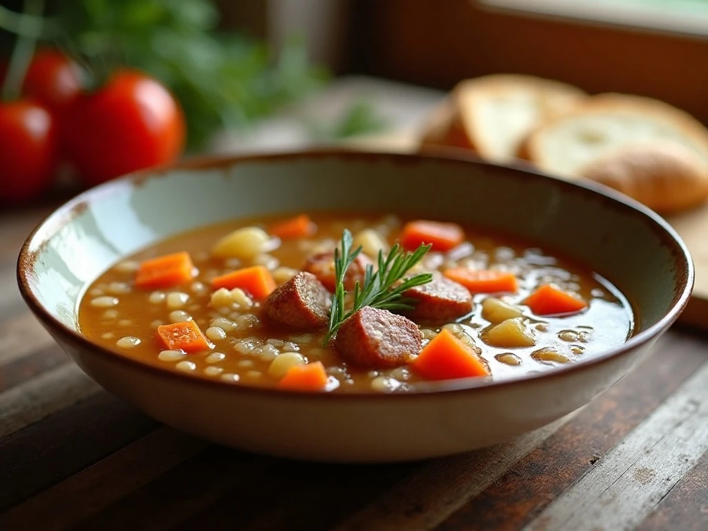 Hearty crockpot sausage and barley soup served in a rustic bowl