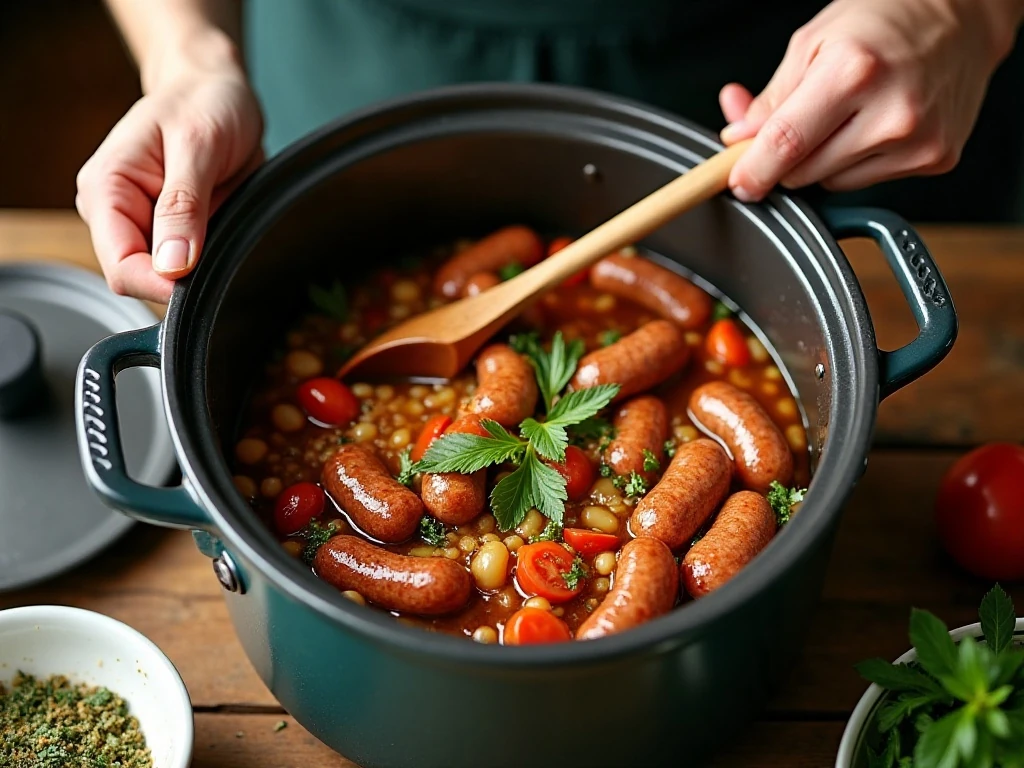 Sausage barley soup ingredients arranged in a slow cooker