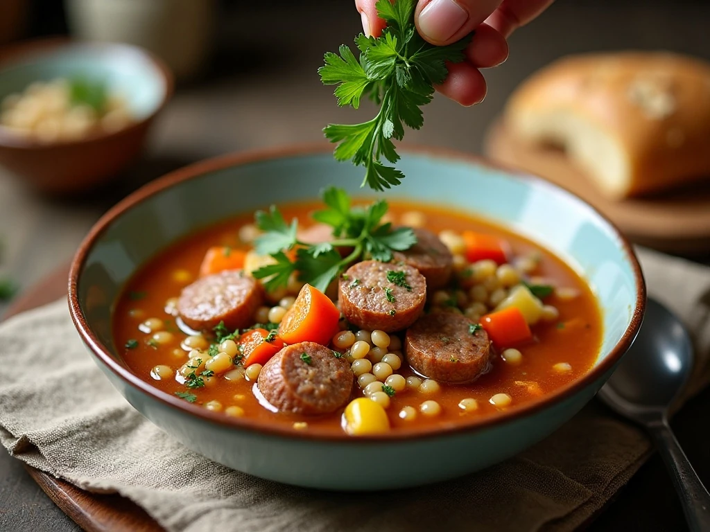 Sausage and barley soup garnished with fresh parsley
