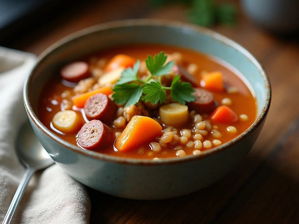 Finished easy crockpot sausage and barley soup