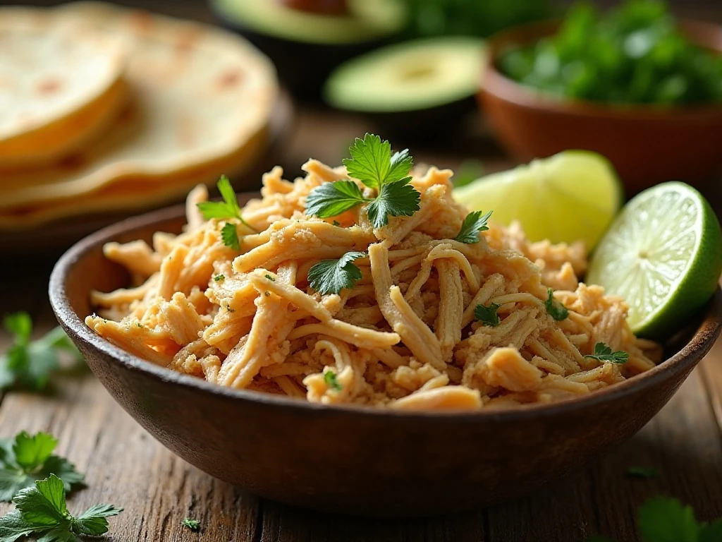 Tender crockpot shredded chicken served with tortillas and fresh toppings
