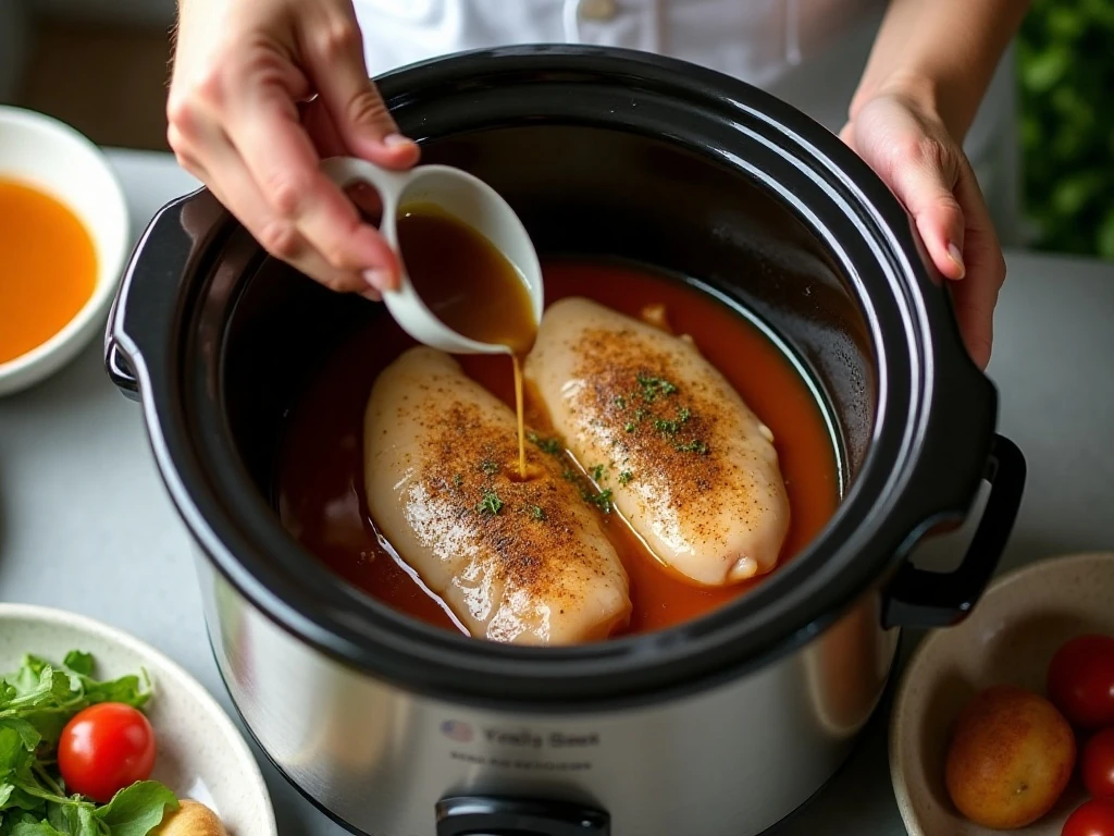 Preparing seasoned chicken and broth in a slow cooker