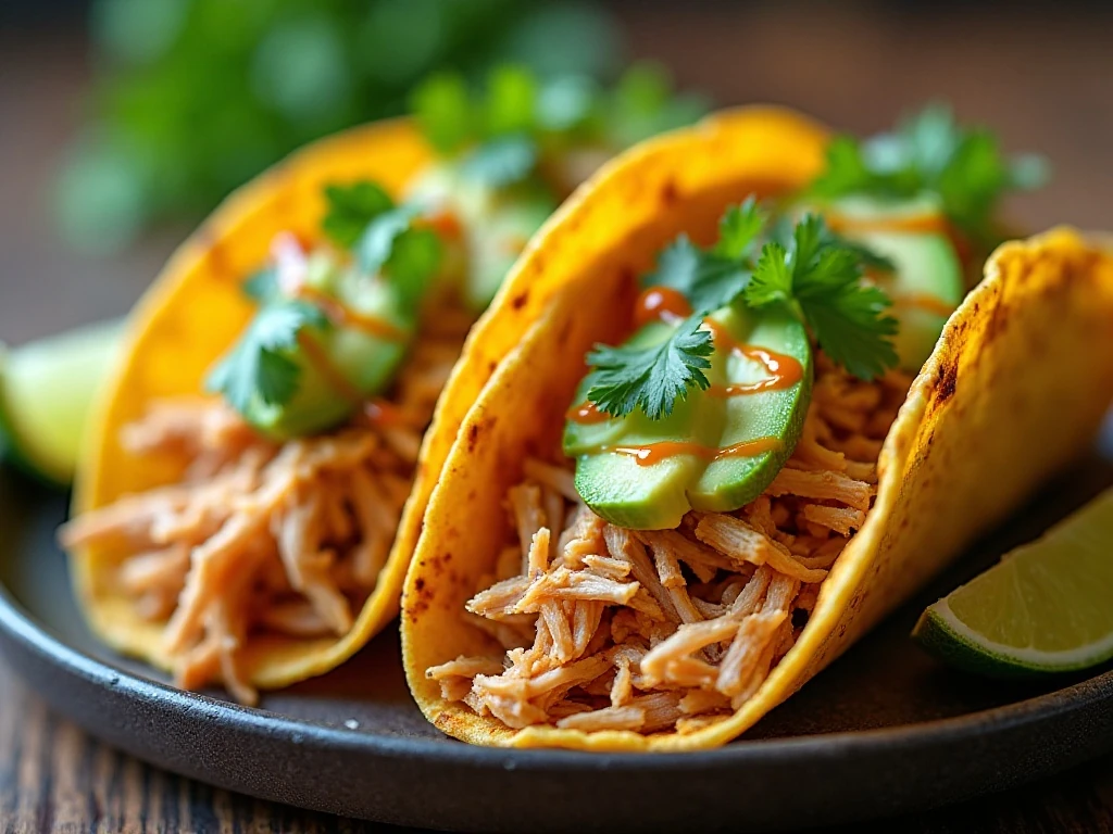 Crockpot shredded chicken served in tacos with fresh garnishes