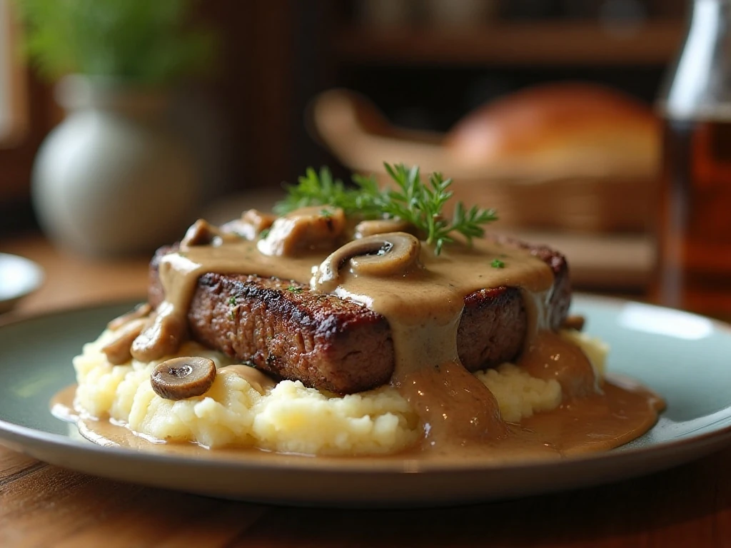 Crockpot sirloin steak with mushroom gravy over mashed potatoes