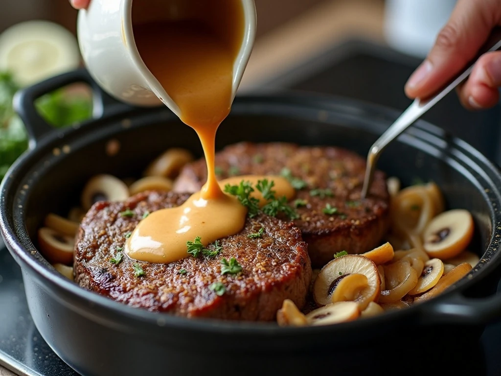 Sirloin steaks layered with onions, mushrooms, and gravy in a slow cooker