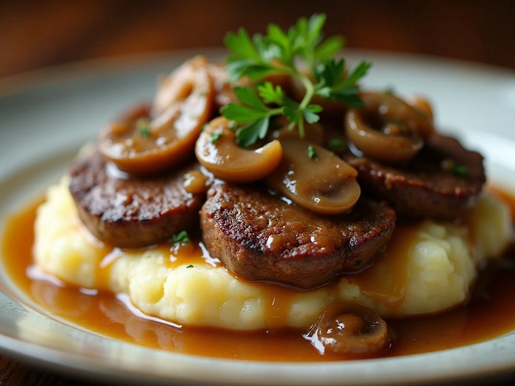Sliced sirloin steak with mushroom gravy and parsley garnish