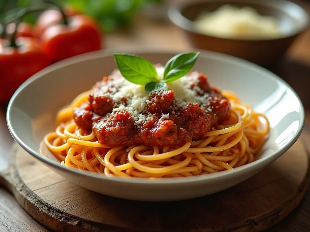 Bowl of hearty crockpot spaghetti with tomato meat sauce and Parmesan