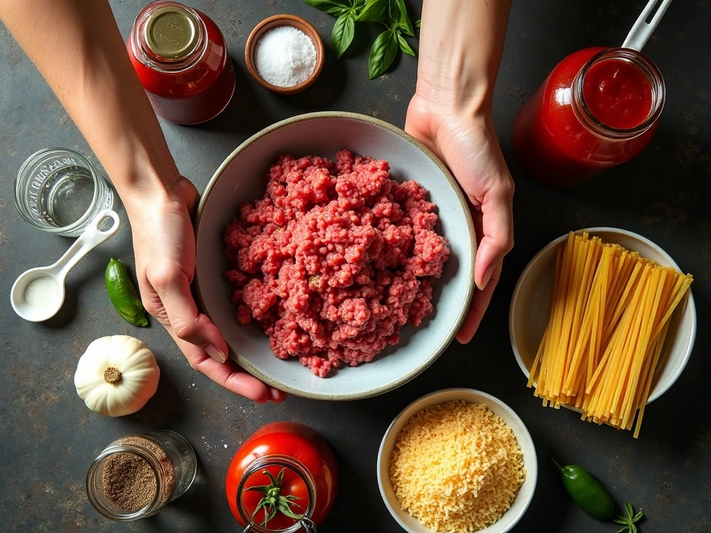 Ingredients for easy crockpot spaghetti arranged on a kitchen counter