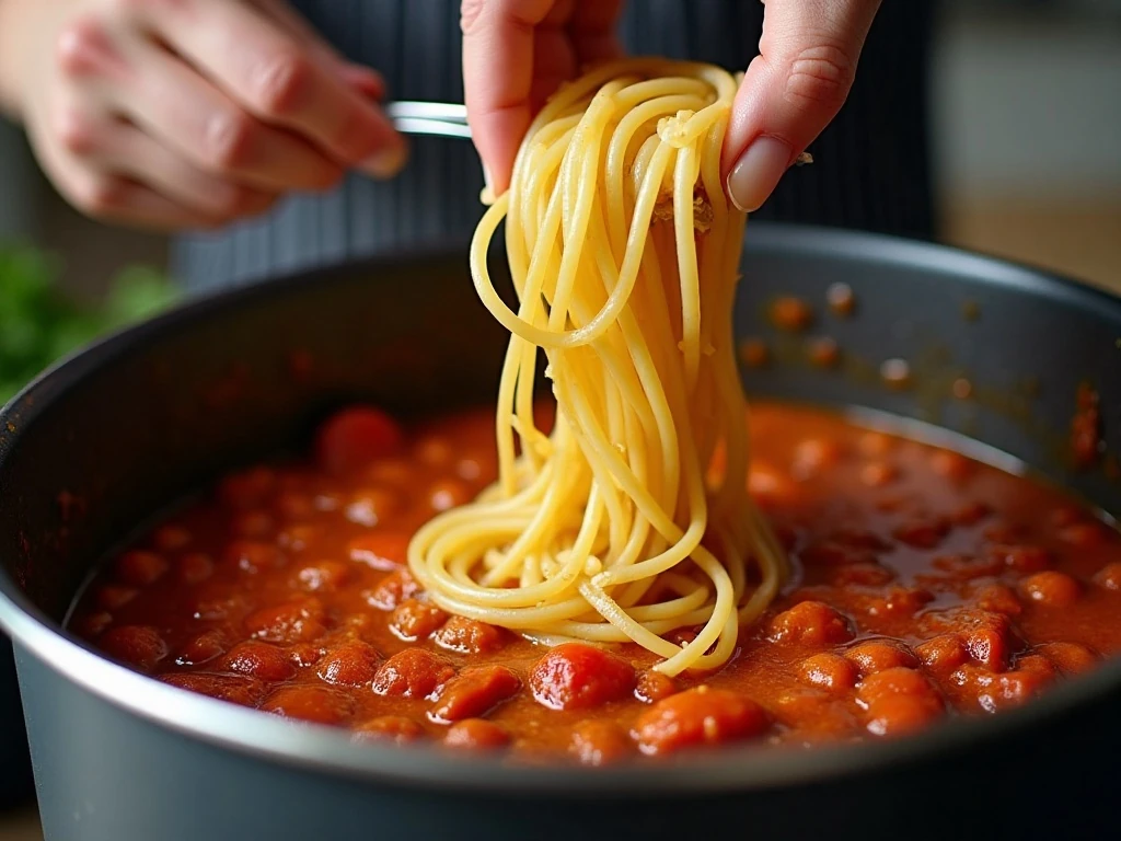 Dry spaghetti being added to tomato sauce in a slow cooker