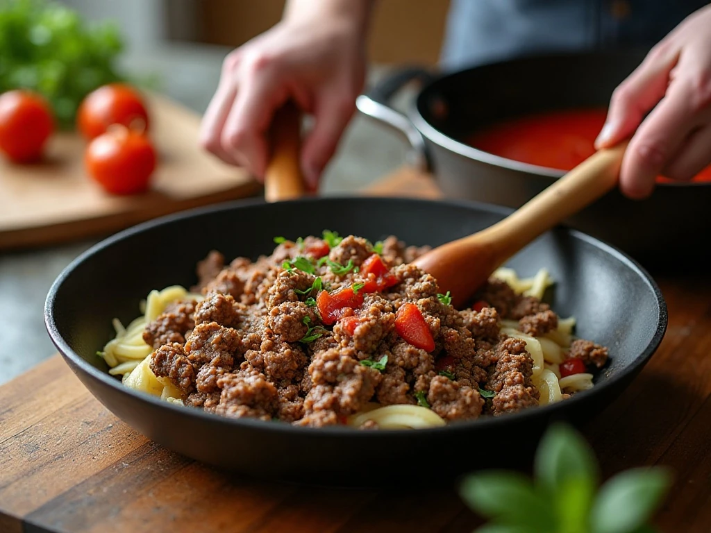 Browned ground beef and onion prepared for slow-cooker spaghetti