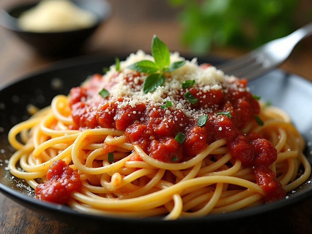 Close-up of Parmesan-topped crockpot spaghetti ready to serve