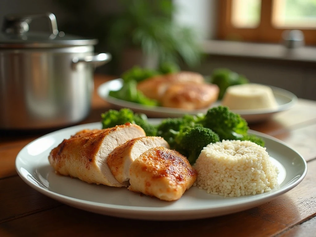 Juicy sliced crockpot Sprite chicken served with rice and vegetables