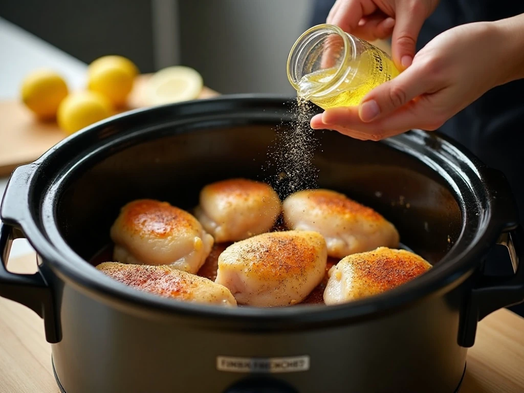 Preparing chicken with Italian seasoning and Sprite in a slow cooker