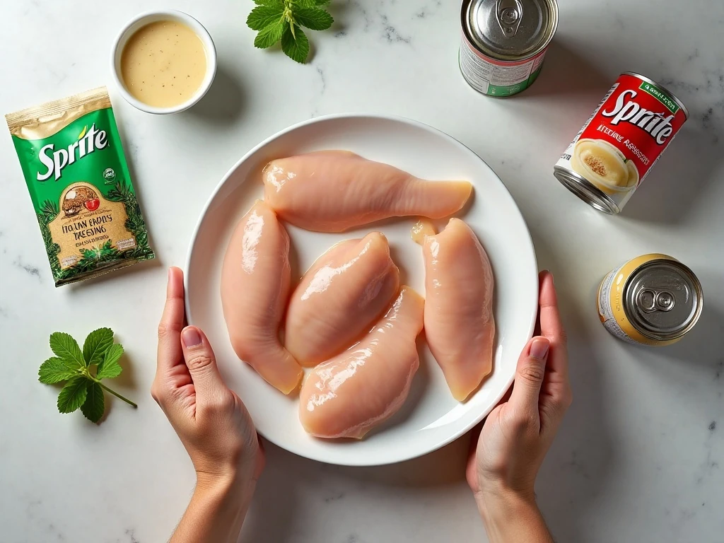 Ingredients for Crockpot Sprite Chicken arranged for preparation