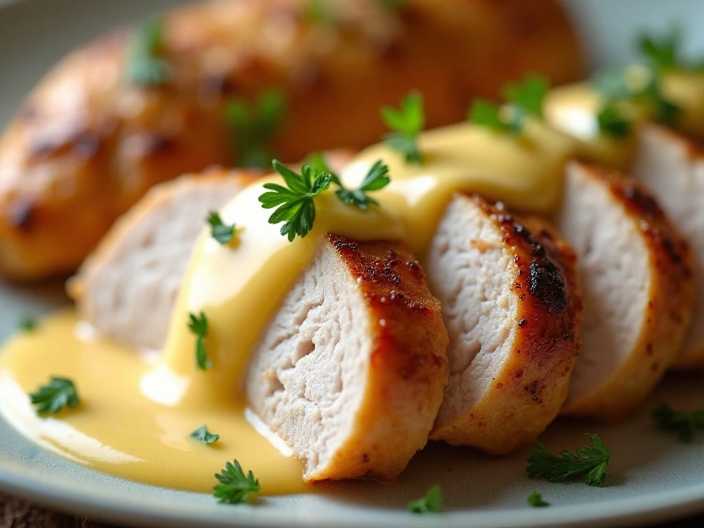 Close-up of tender sliced chicken in creamy crockpot sauce