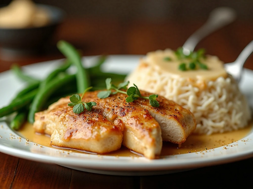 Crockpot Sprite Chicken dinner served with rice and green beans