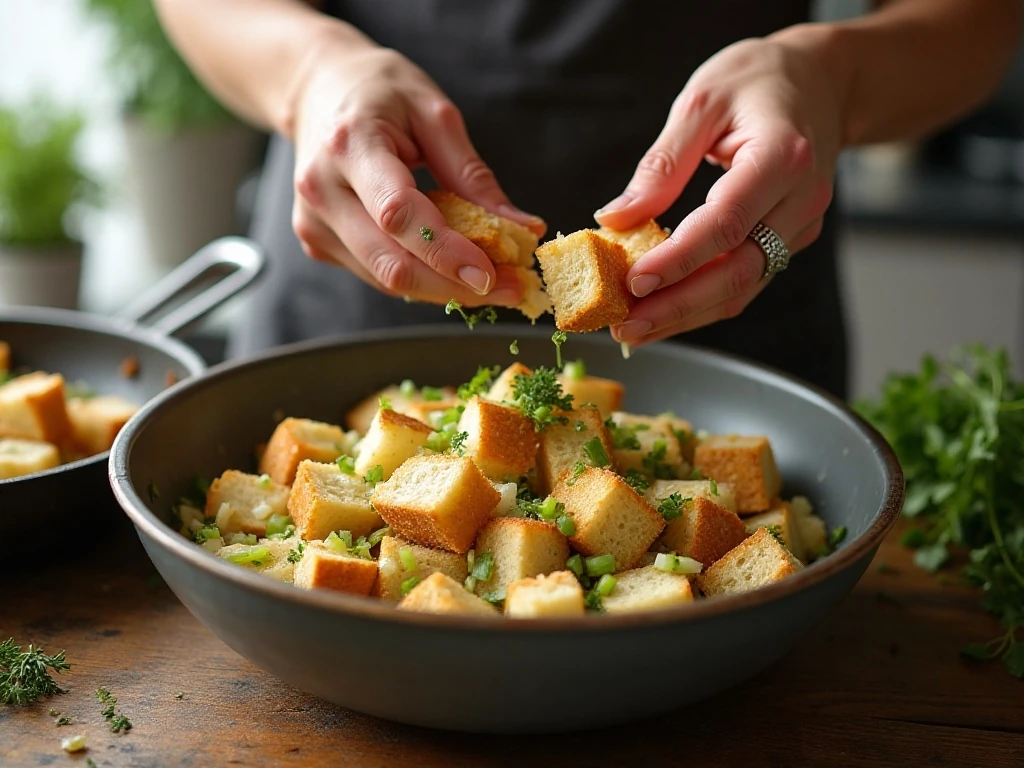 Combining bread cubes with sautéed vegetables for crockpot stuffing
