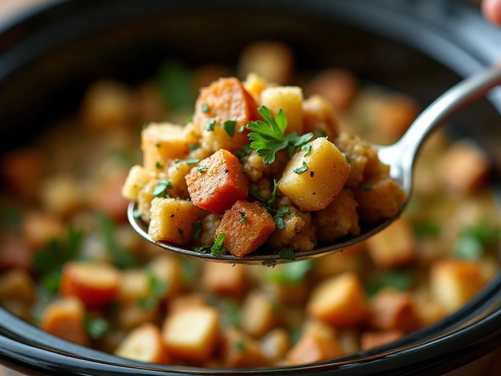 Close-up of herb-seasoned crockpot stuffing with parsley