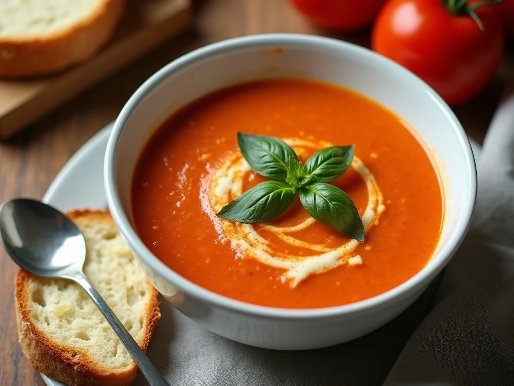 Creamy crockpot tomato basil soup served with toasted bread