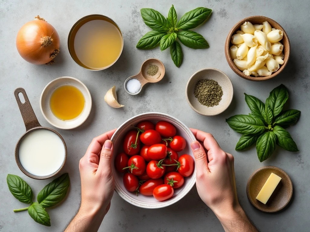 Ingredients for crockpot tomato basil soup arranged on a counter
