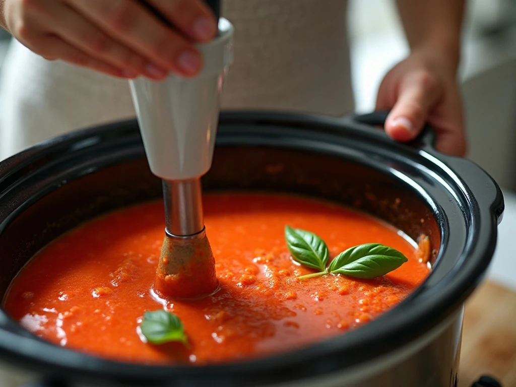 Blending tomato basil soup in a crockpot with an immersion blender