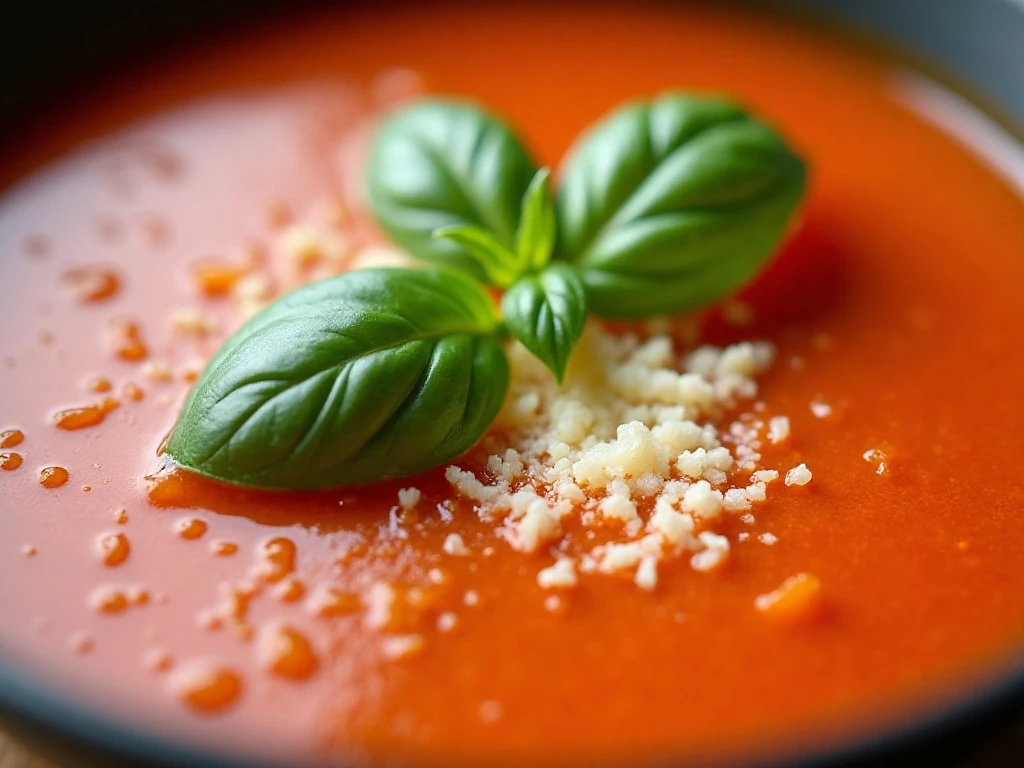Fresh basil and Parmesan garnishing smooth tomato soup