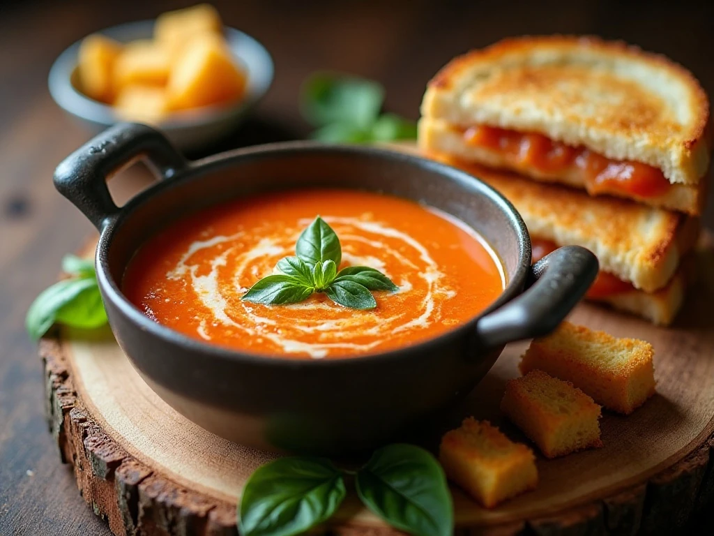 Tomato basil soup served with grilled cheese and croutons