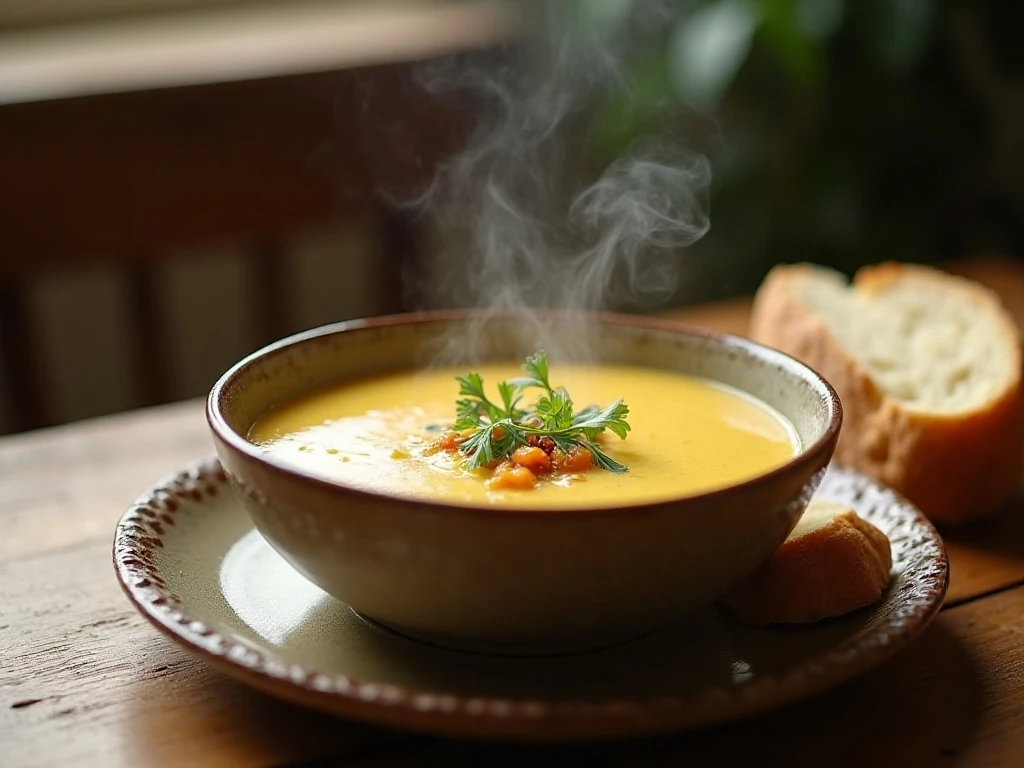 Creamy vegan cauliflower soup served with bread