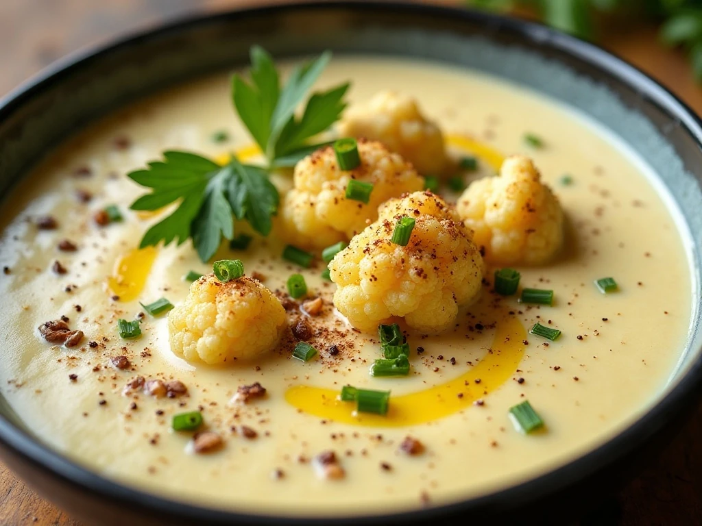 Cauliflower soup topped with herbs, seeds, and roasted cauliflower