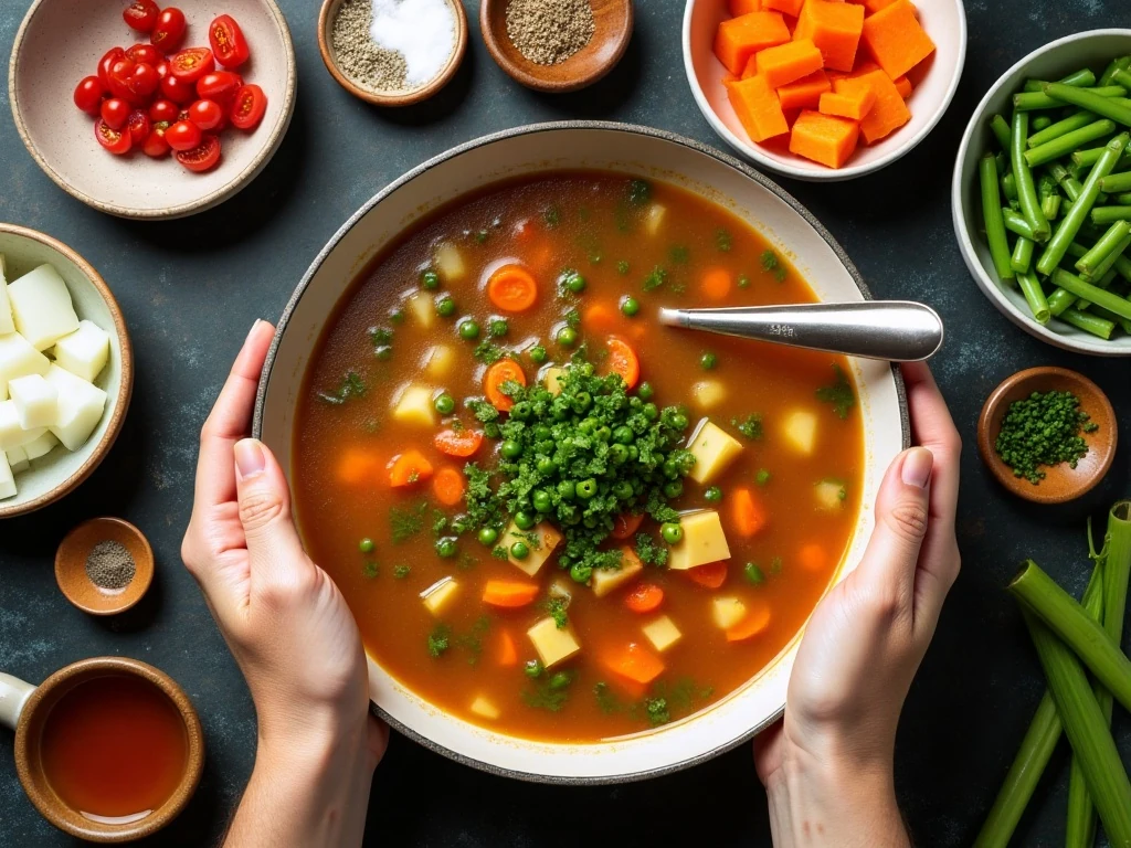 Ingredients for easy crockpot vegetable soup arranged on a counter