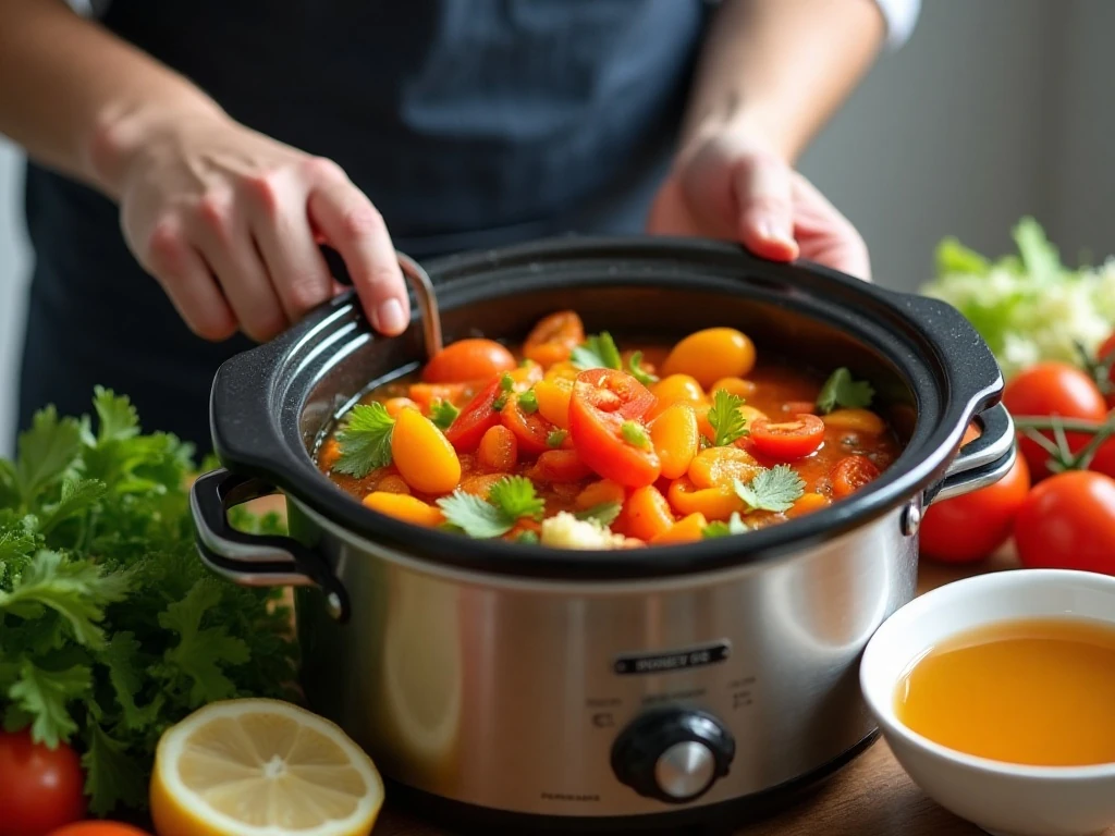 Chopped vegetables being added to a slow cooker for vegetable soup