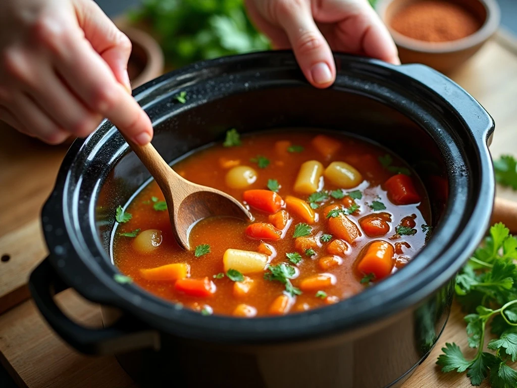 Vegetables and broth cooking together in a crockpot