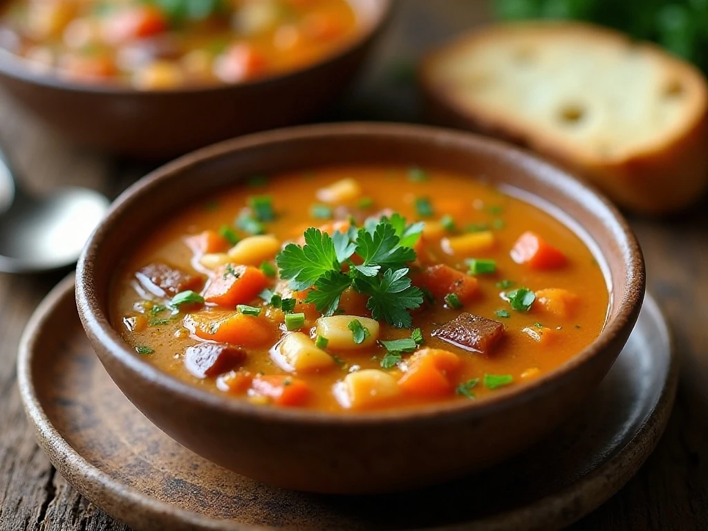Crockpot vegetable soup topped with fresh parsley and served with bread